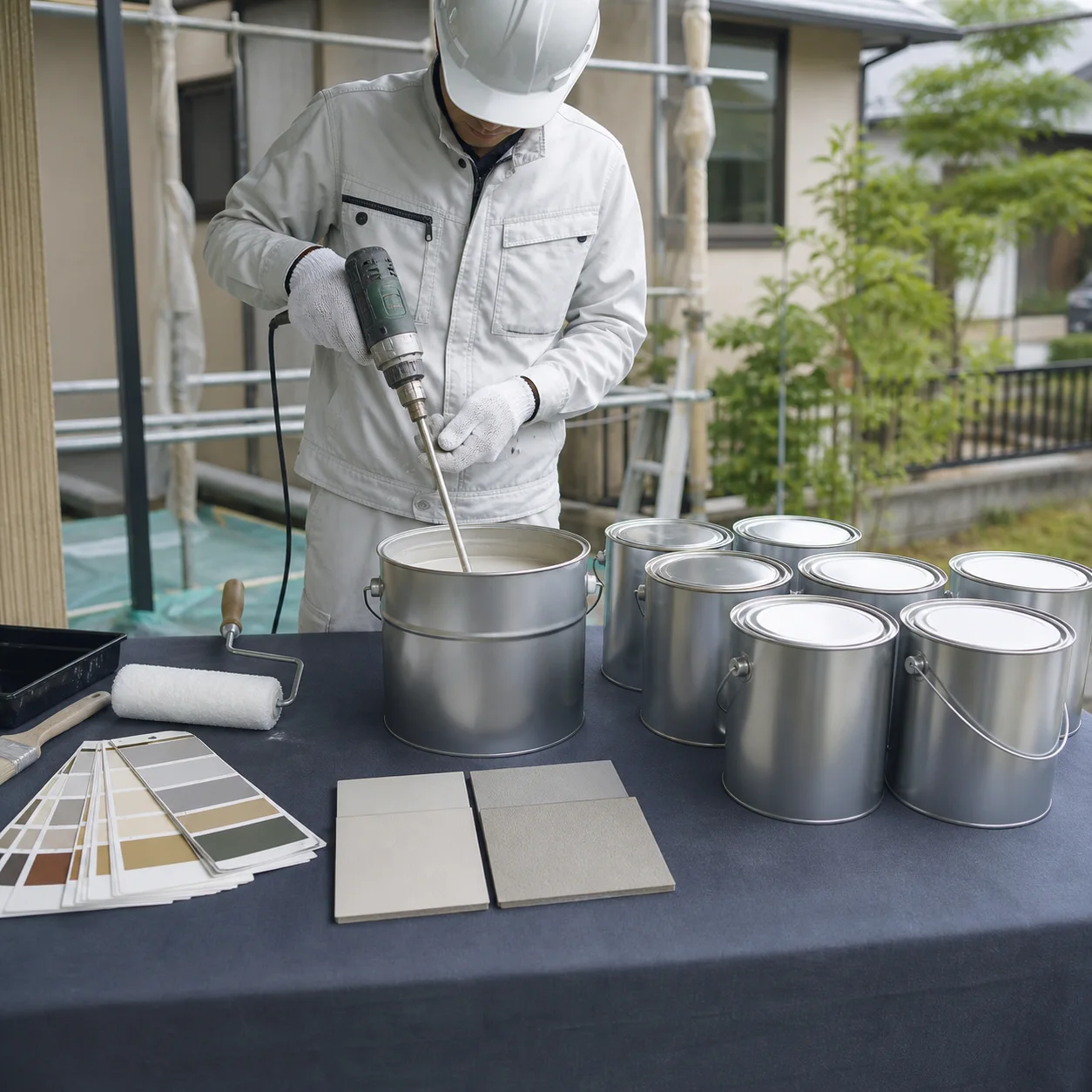 高性能塗料と塗装用具を準備する職人
