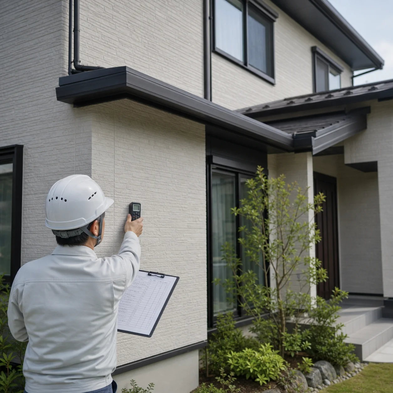 施工後の戸建住宅を機器とチェックシートで点検する職人